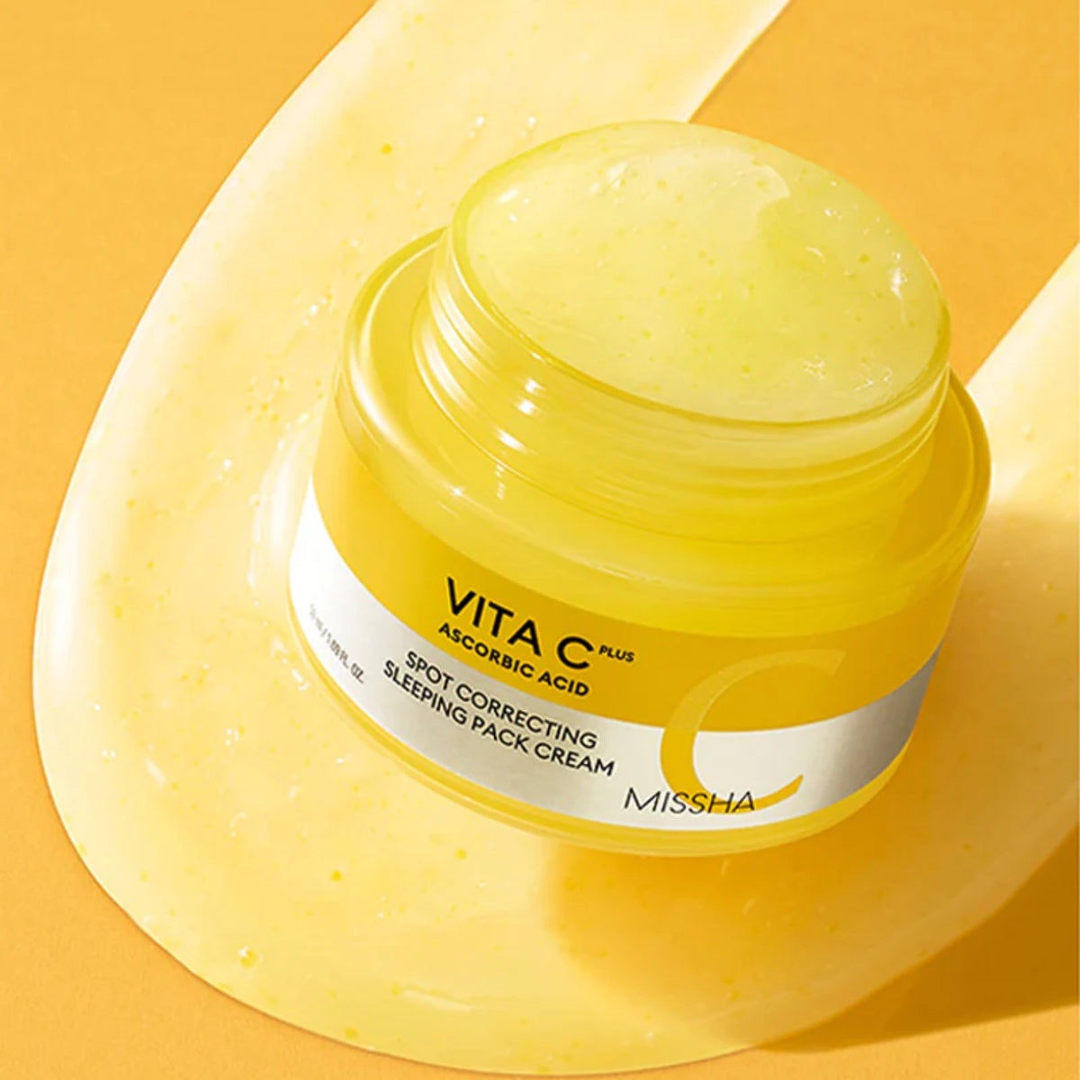 Missha Vita C Plus Spot Correcting Sleeping Mask cream in 50ml jar, showing the white, smooth leave-on mask with product label.