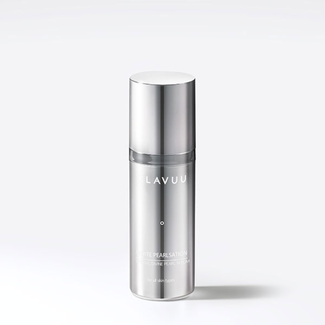 Klavuu White Pearlsation Special Divine Pearl Serum 33ml in a clear glass bottle with a pump dispenser and white cap.