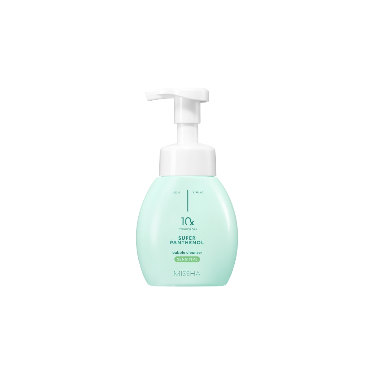 Missha Super Panthenol Bubble Cleanser Sensitive gel and foam cleanser in a 200ml bottle, showing the product's packaging and label.