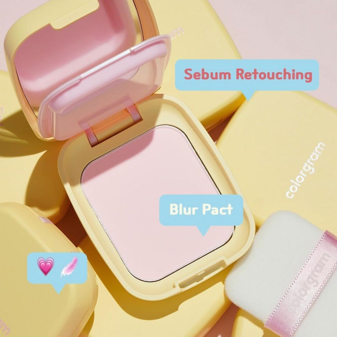 Colorgram Sebum Retouching Blur Pact setting powder in compact with matte finish and subtle skin-tone shade displayed open.