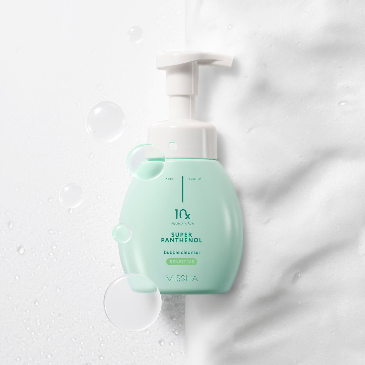 Missha Super Panthenol Bubble Cleanser Sensitive gel and foam cleanser in a 200ml bottle, showing the product packaging.