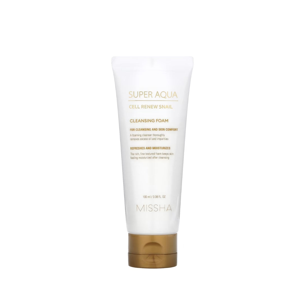 Missha Super Aqua Cell Renew Snail Cleansing Foam in a 100ml tube, showing the gel and foam cleanser with a smooth, foamy texture.