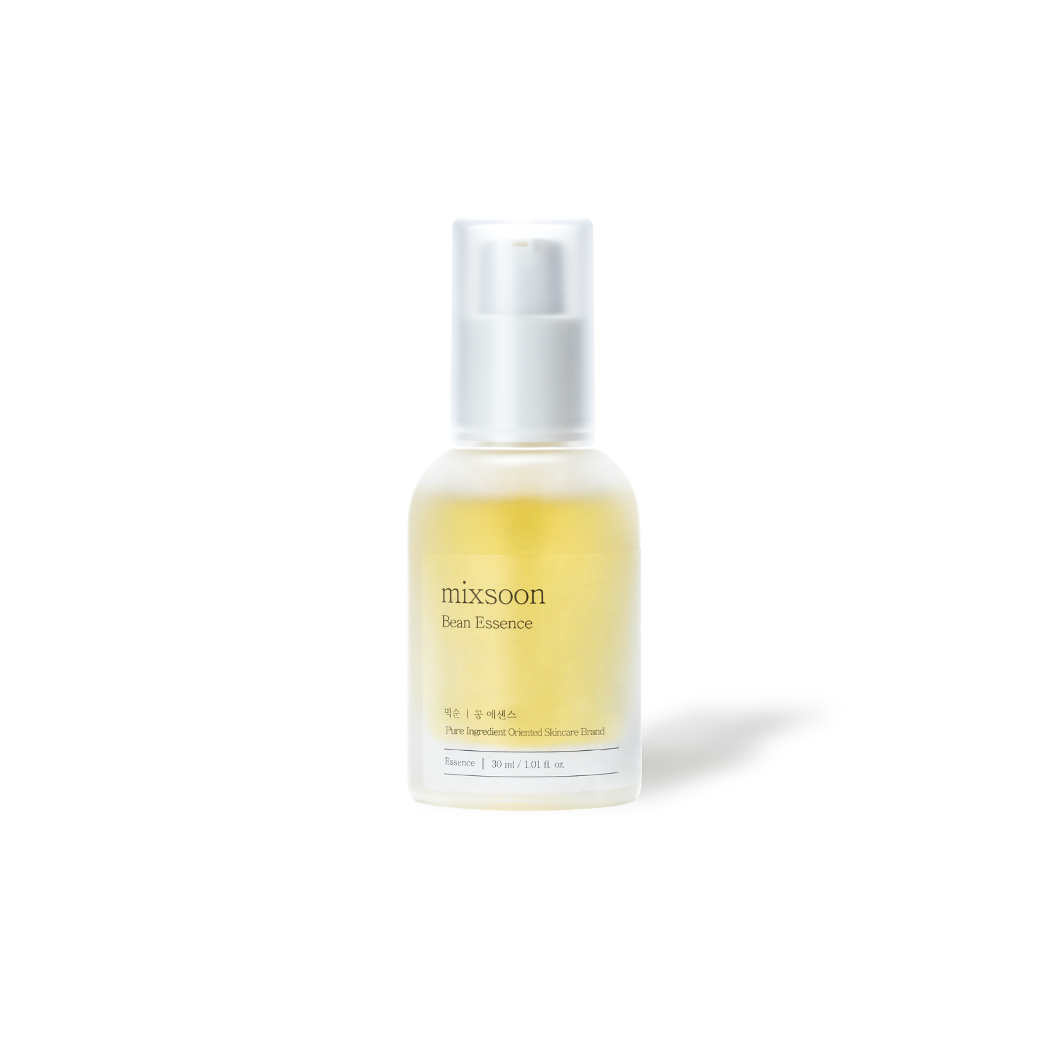 Mixsoon Bean Essence 30ml bottle, clear plastic container with white cap, showing the skincare essence inside.