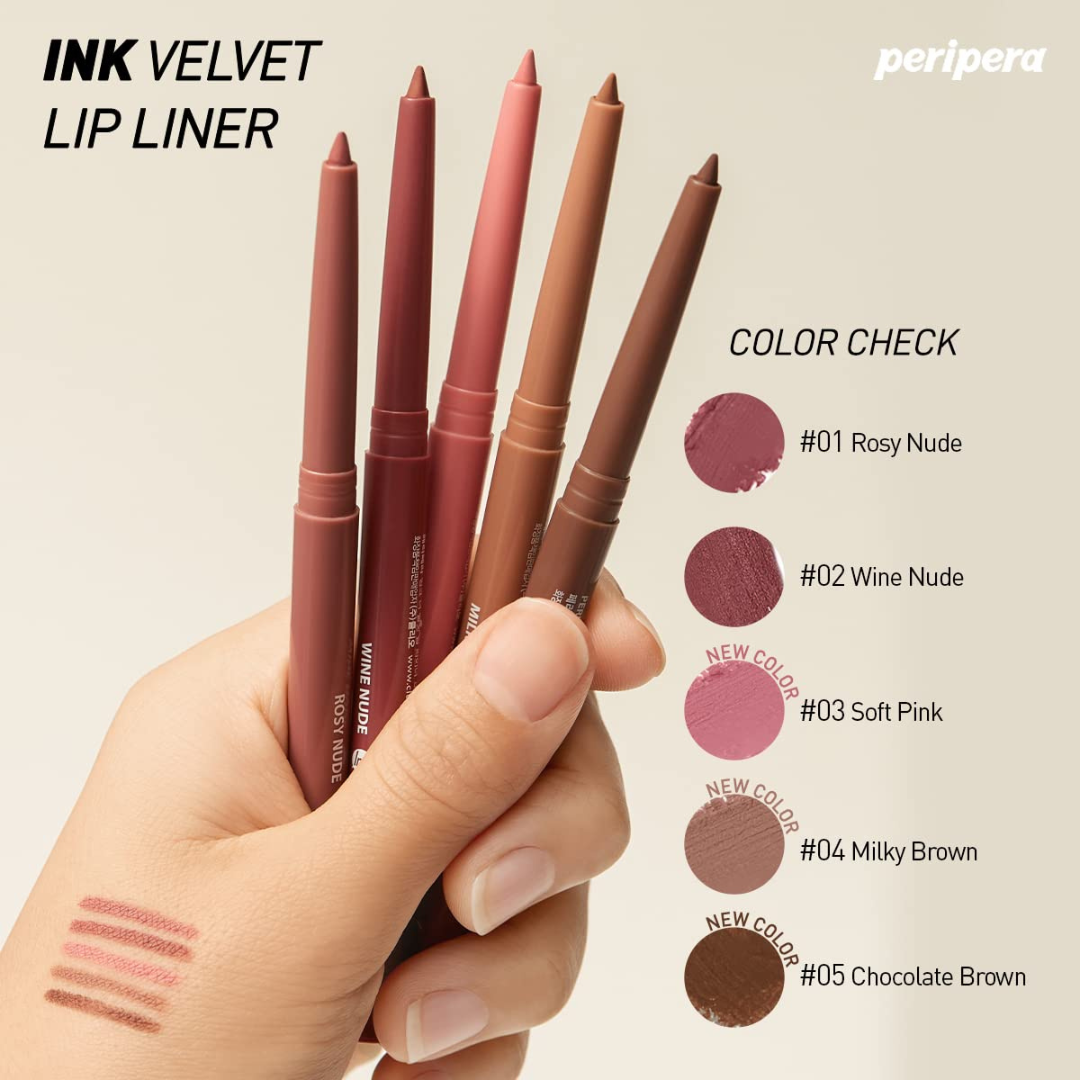 Peripera Ink Velvet Lip Liner in a sleek packaging with a close-up view of the lip liner tip and branding.