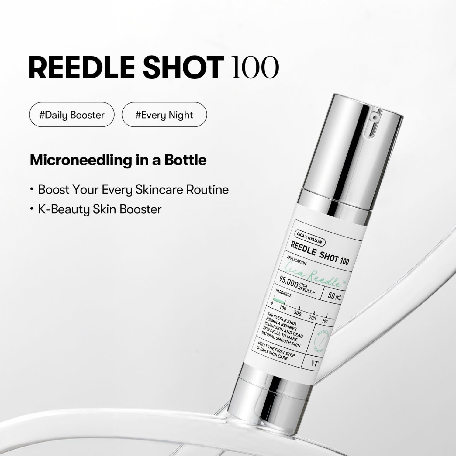 VT Cosmetics Reedle Shot 100 Essence 50ml bottle showing clear liquid and minimalist packaging design.