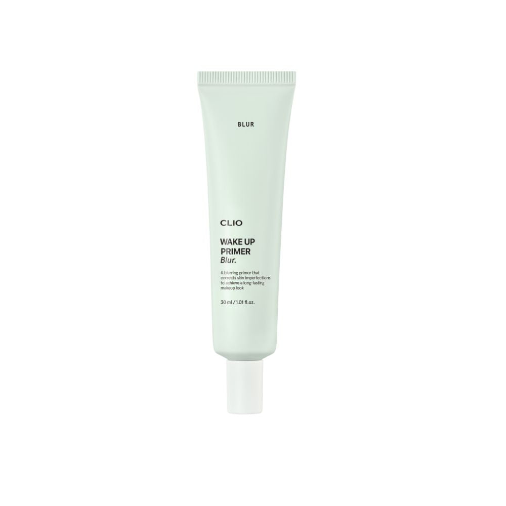 Clio Wake Up Primer Blur in 30ml, a face primer with a smooth, matte texture, shown in a sleek tube with a pump applicator.