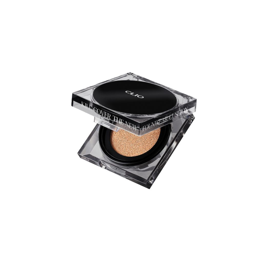 Clio Kill Cover The New Foundwear Cushion Mini foundation compact with sponge applicator and open cushion displaying beige liquid foundation