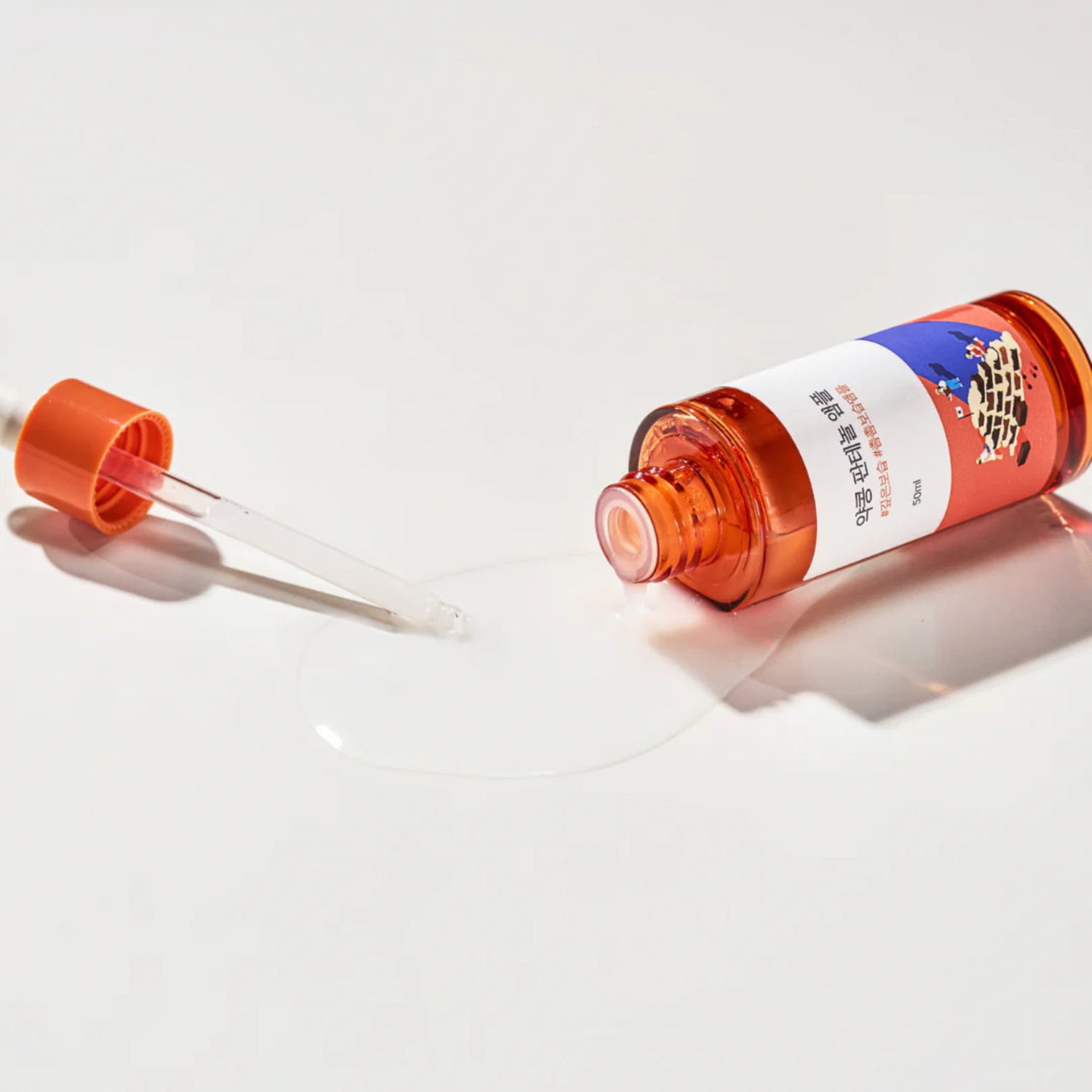 Round Lab Soybean Panthenol Ampoule 50ml, clear glass bottle with dropper for skin hydration and soothing skincare.
