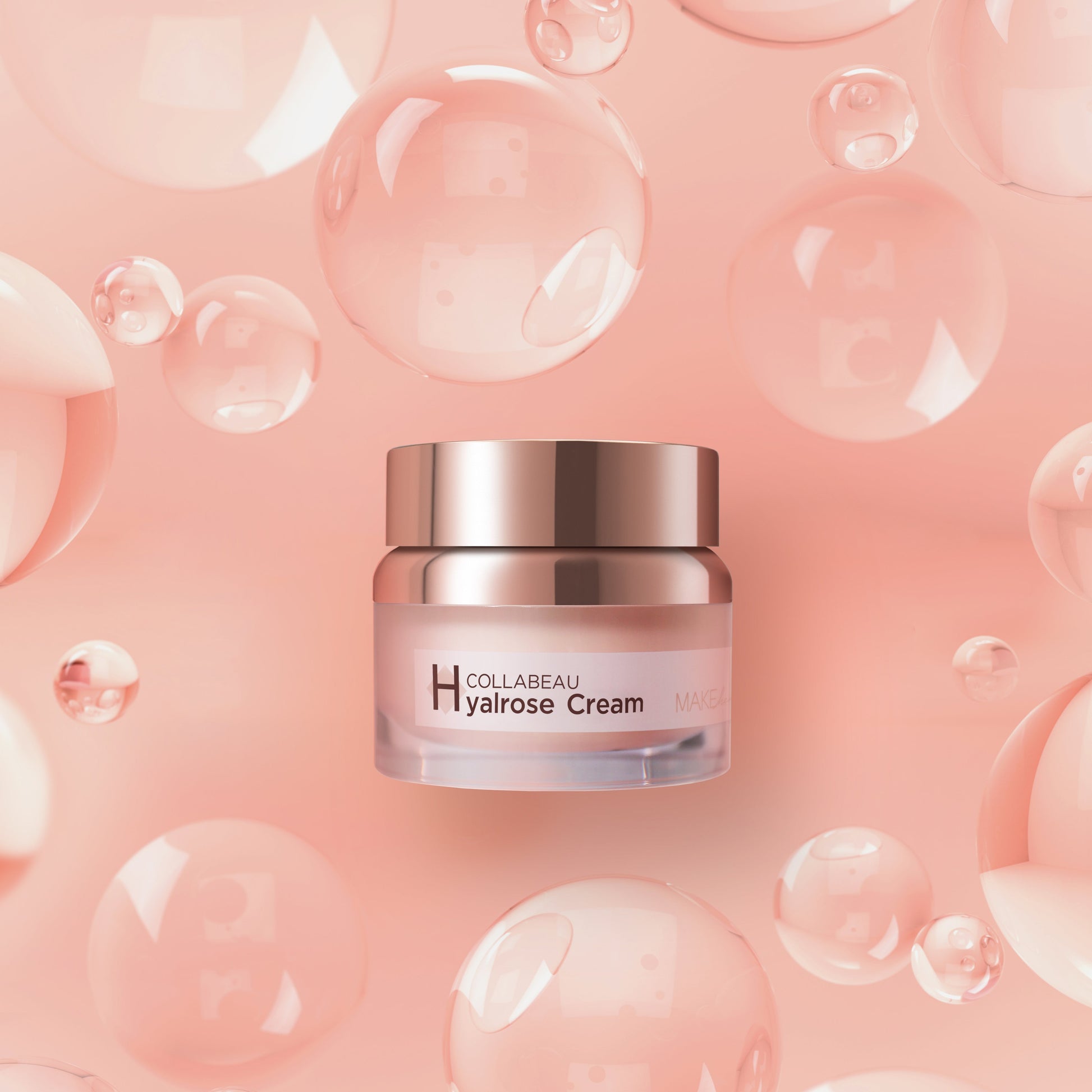 MAKEheal Collabeau Hyalrose Face Moisturiser in 50ml jar with pink label, showcasing the skincare cream's elegant packaging.