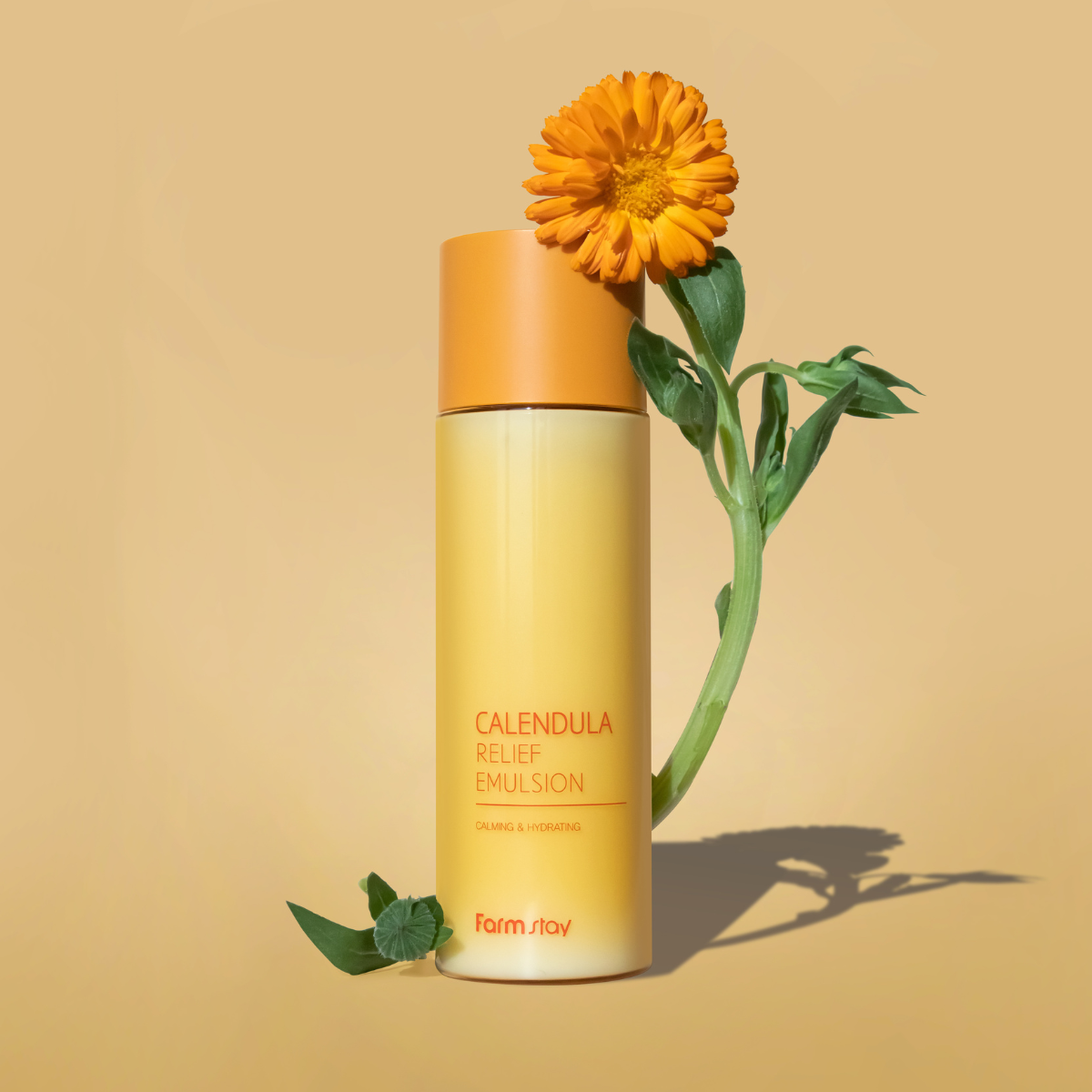 Farmstay Calendula Relief Emulsion, 200ml face moisturizer with soothing calendula extract, creamy texture, and gentle hydration.