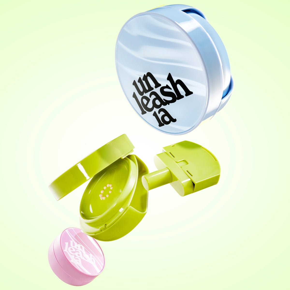 Unleashia Satin Wear Healthy-Green Cushion Foundation case, close-up image showing the sleek, green cushion compact with branding.