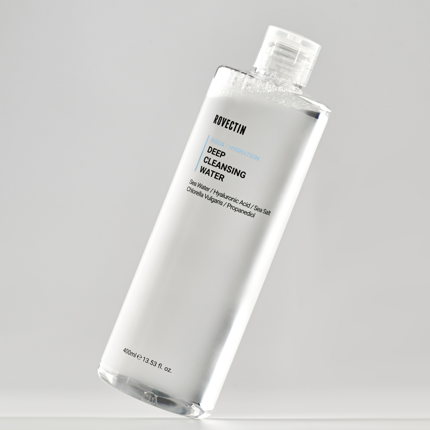 Rovectin Aqua Deep Cleansing Water 400ml gel and foam cleanser in a clear bottle with a white pump and blue label.