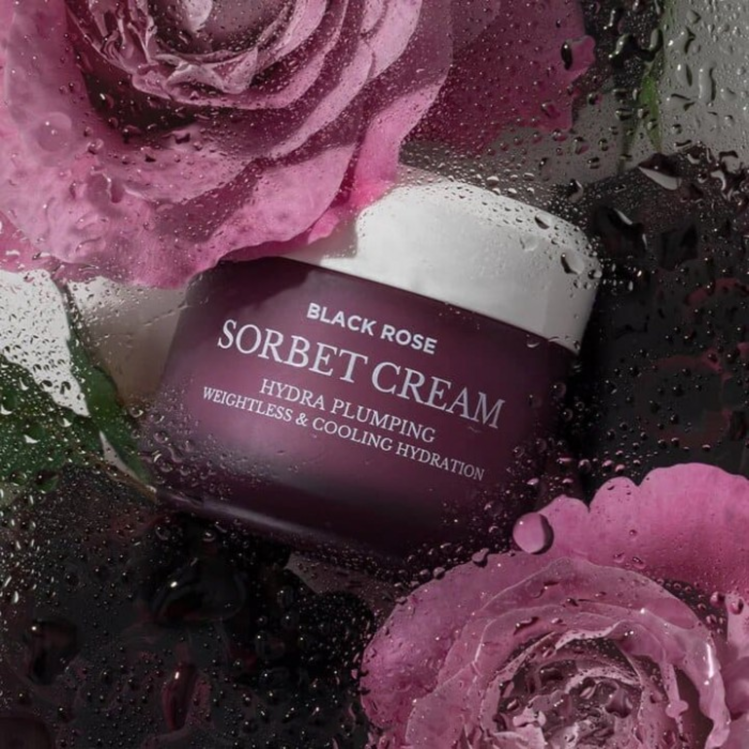 Heimish Black Rose Sorbet Cream 50ml face moisturizer jar with black and pink design and creamy texture visible inside.