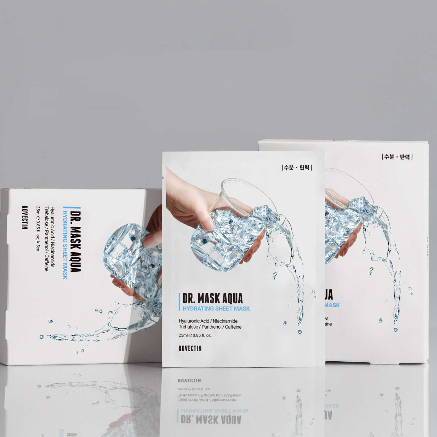 Rovectin Dr. Mask Aqua Box sheet masks in black packaging with blue accents, 5-piece set for hydrating skincare.