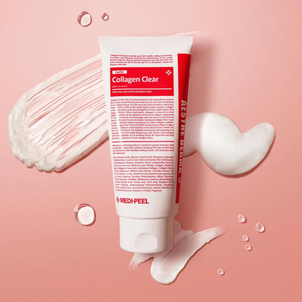 MEDI-PEEL Red Lacto Collagen Clear 2.0 gel and foam cleanser in 300mL bottle with clear and red packaging.