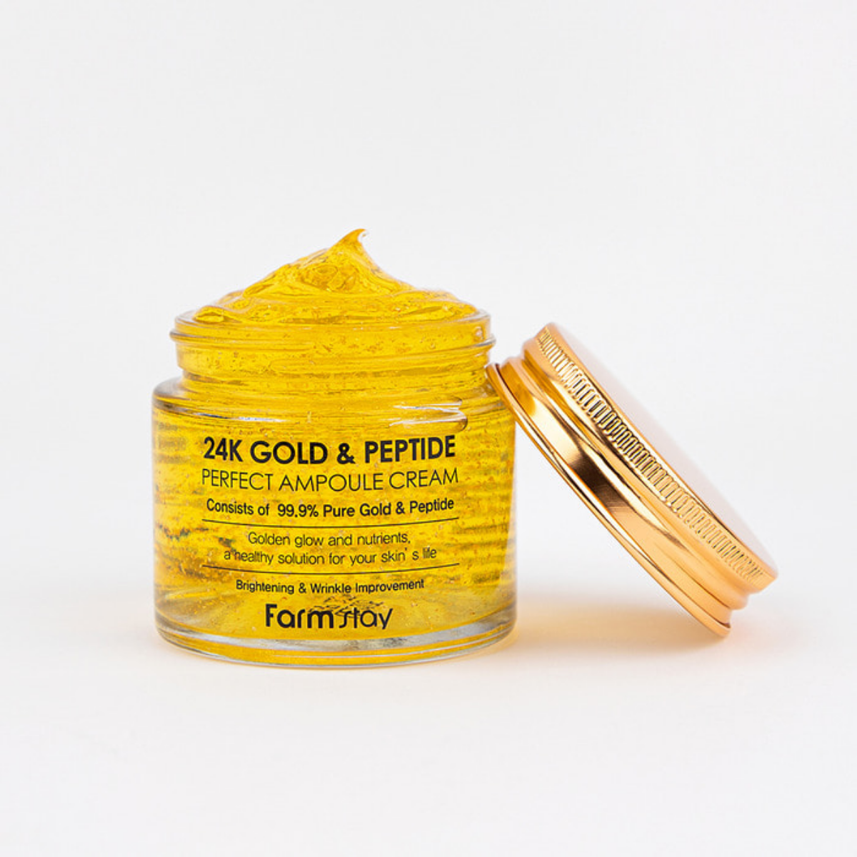 Farmstay 24k Gold & Peptide Perfect Ampoule Cream face moisturizer in 80ml jar with gold accents and creamy texture.