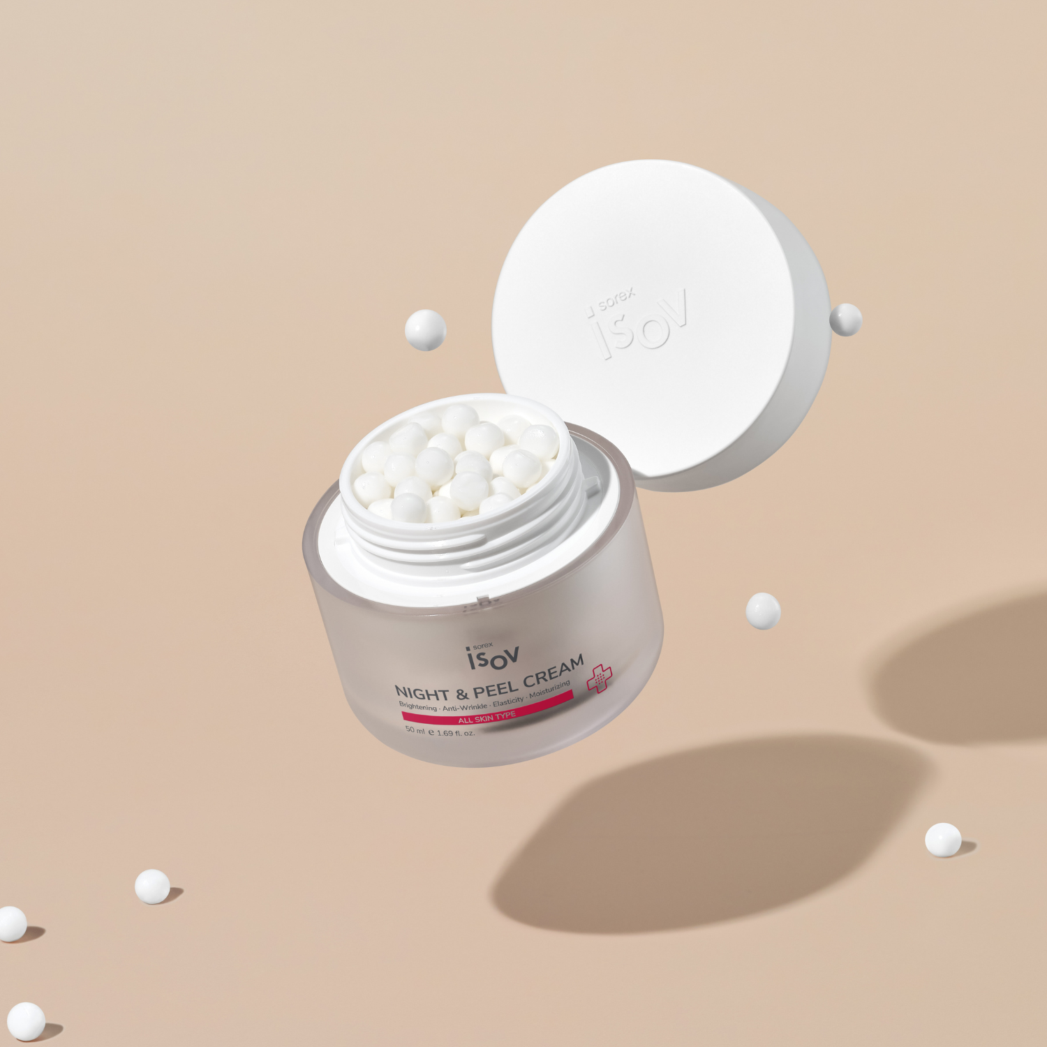 ISOV Night & Peel Cream 50ml in a sleek jar, showcasing smooth, creamy texture designed for nighttime skincare.