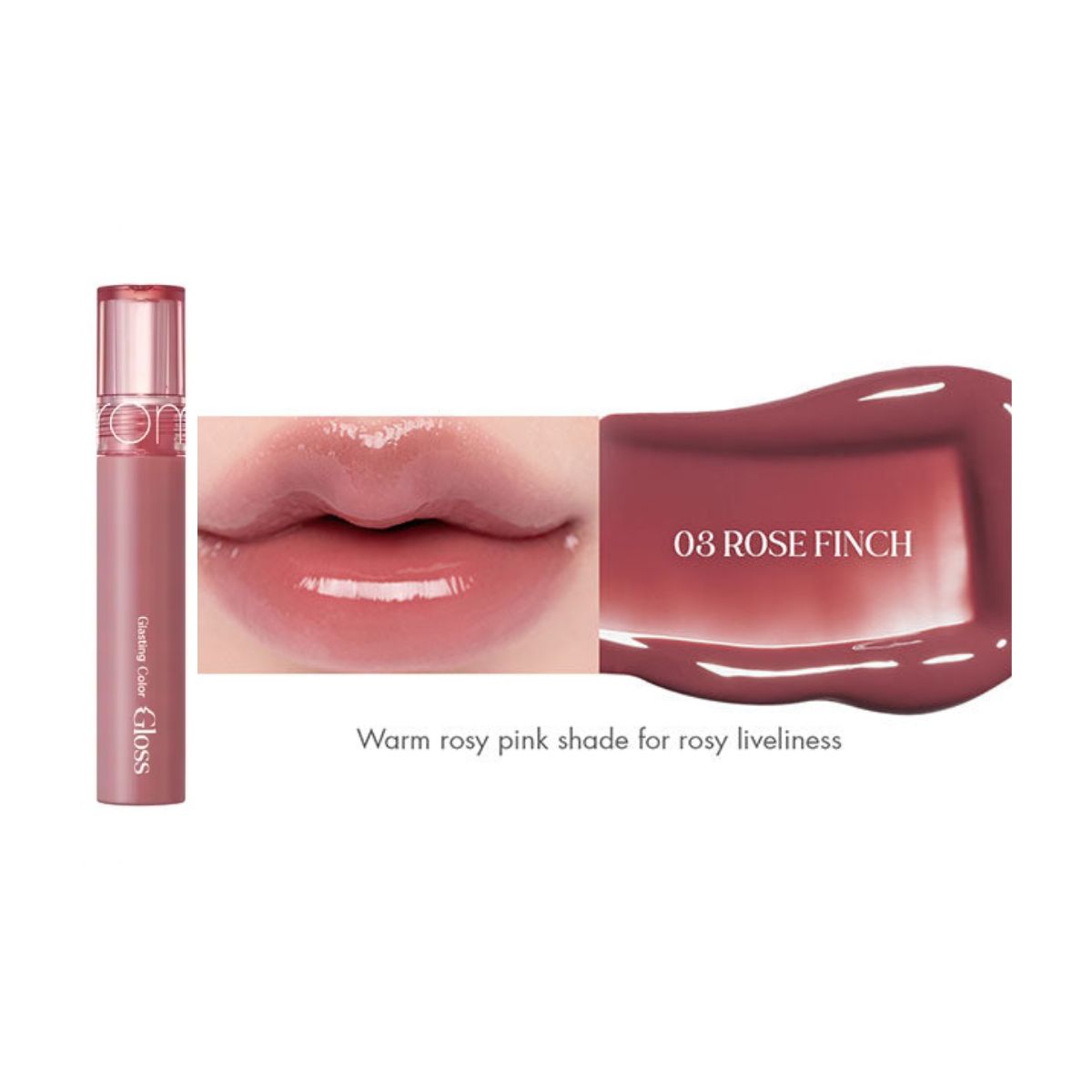 Rom&nd Glasting Color Gloss lip gloss in vibrant shades, showing a glossy finish and colorful array of 8 different lip gloss colors.