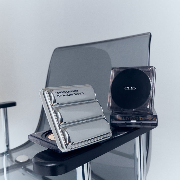 Clio Kill Cover The New Founwear Cushion foundation with refill, showing the padded cushion case opened with makeup inside.