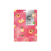 Frudia My Orchard Squeeze Peach vegan sheet mask with peach extract, shown as a sealed sheet mask in packaging.