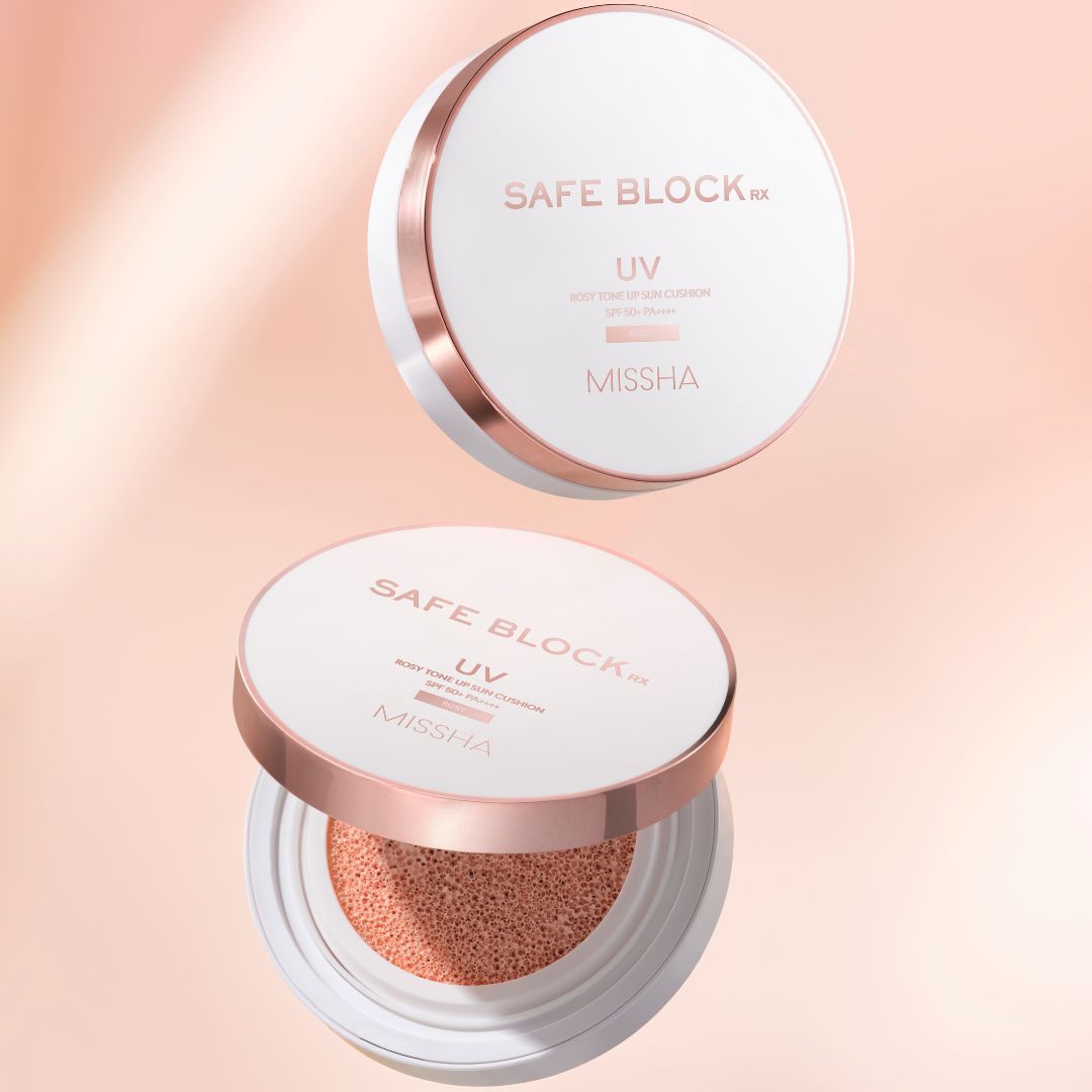 Missha Safe Block Rx Rosy Tone Up Sun Cushion foundation in 12g, featuring a pink-toned compact with a mirror and applicator.