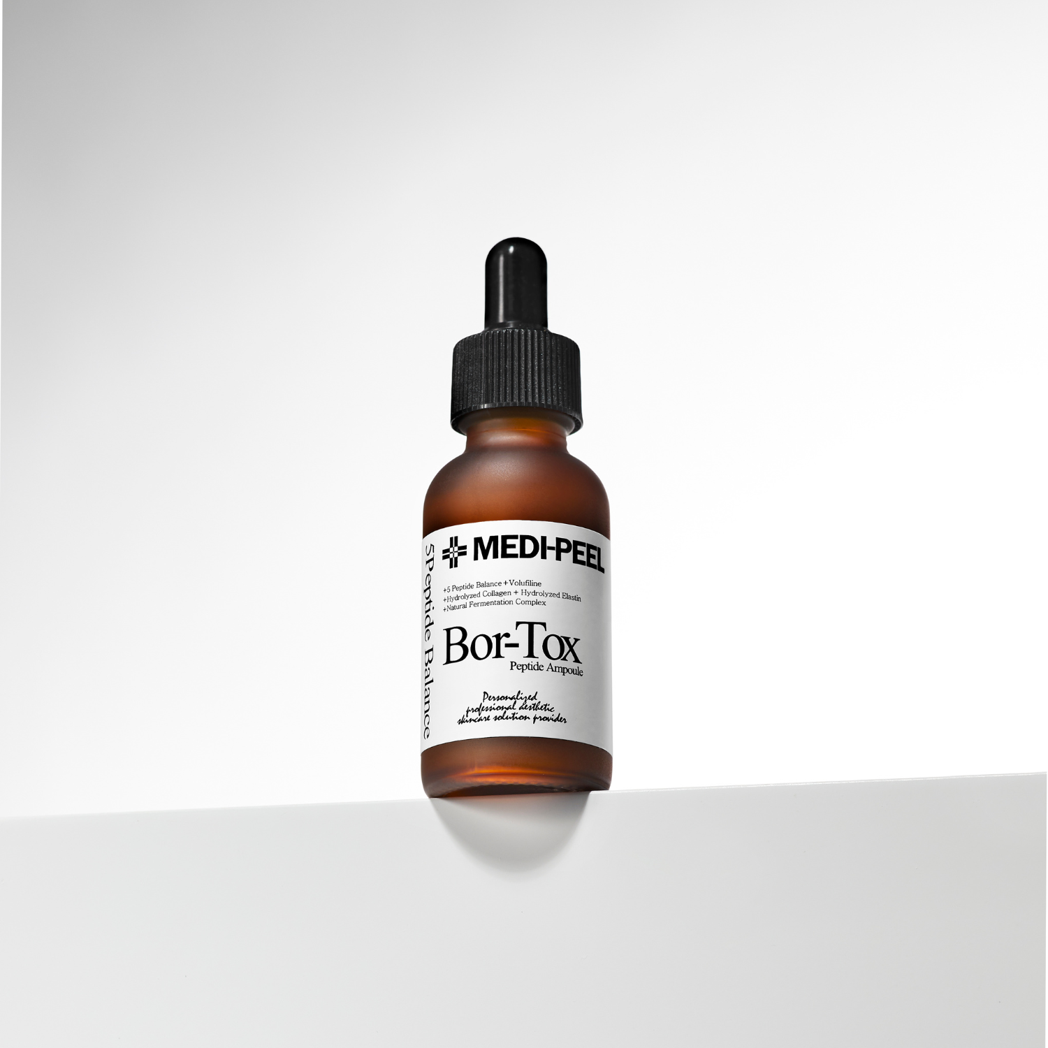 Peptide Tox Bor Ampoule by MEDIPEEL+ in a 30ml glass bottle, featuring clear liquid and a white cap.
