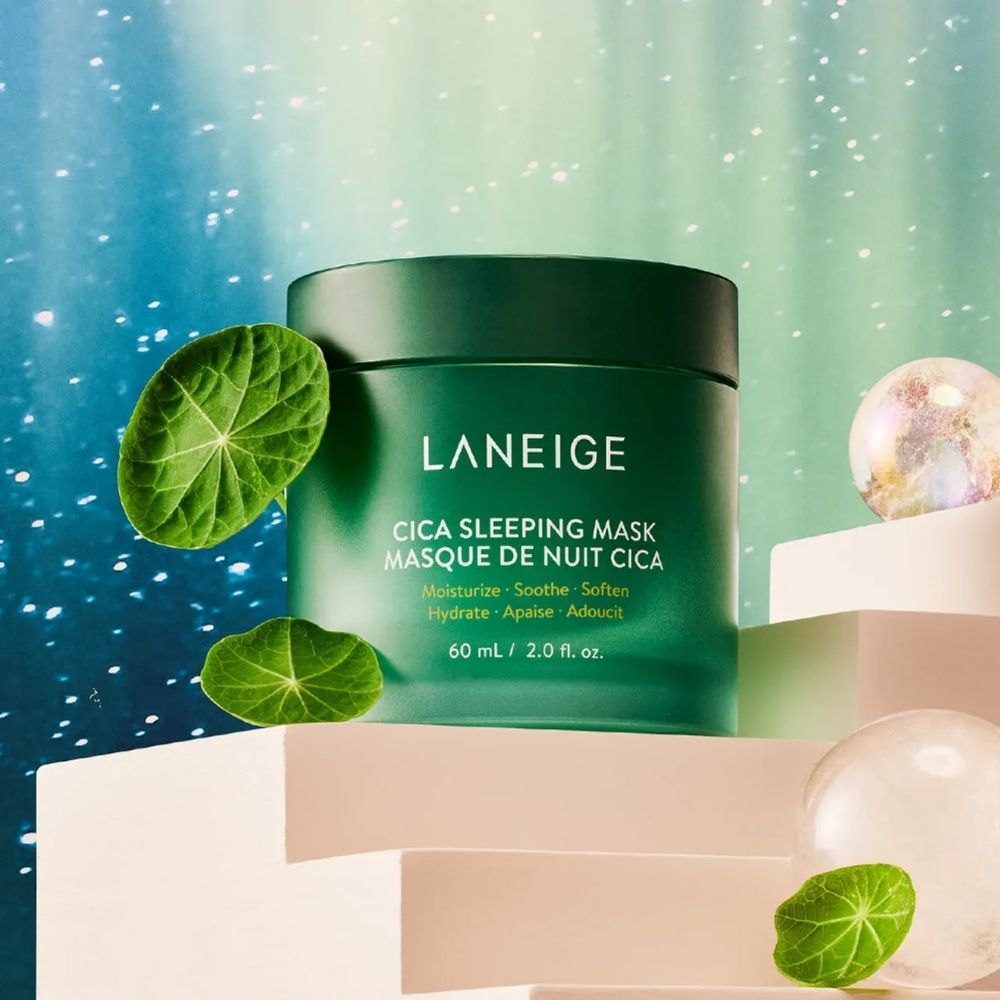 Laneige Cica Sleeping Mask 60ml in a jar, showcasing the soothing leave-on skincare product with a clean, minimalist design.