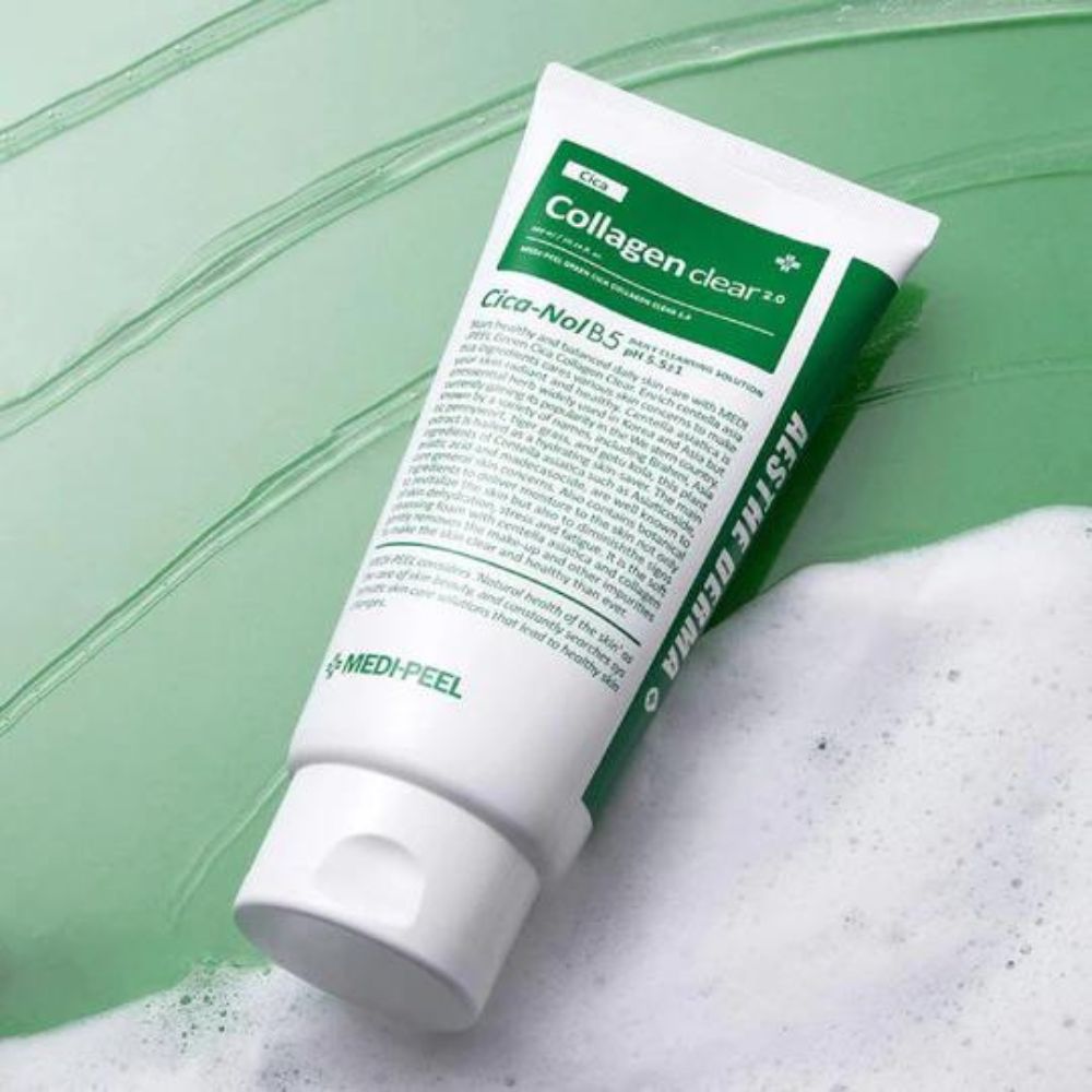 Green Cica Collagen Clear 2.0 gel and foam cleanser by MEDIPEEL+ in a 300mL bottle, featuring a green and white label.