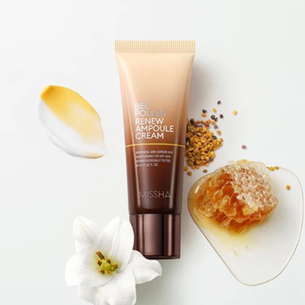 Missha Bee Pollen Renew Ampoule Cream 60ml face moisturizer jar with golden lid and label, highlighting natural bee pollen ingredients.