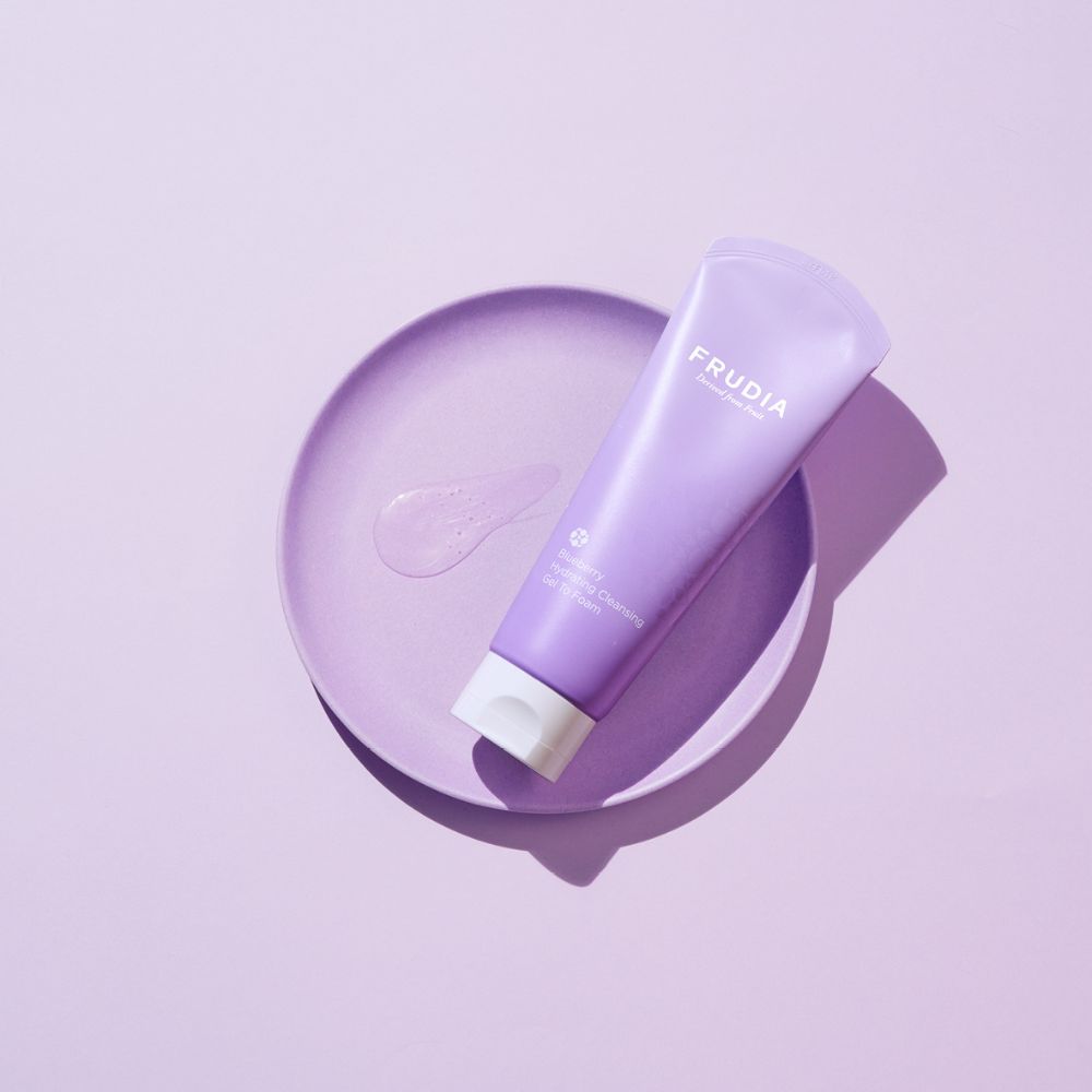 Frudia Blueberry Hydrating Cleansing Gel to Foam in 145ml, showing the gel and foam cleanser container with blueberry imagery