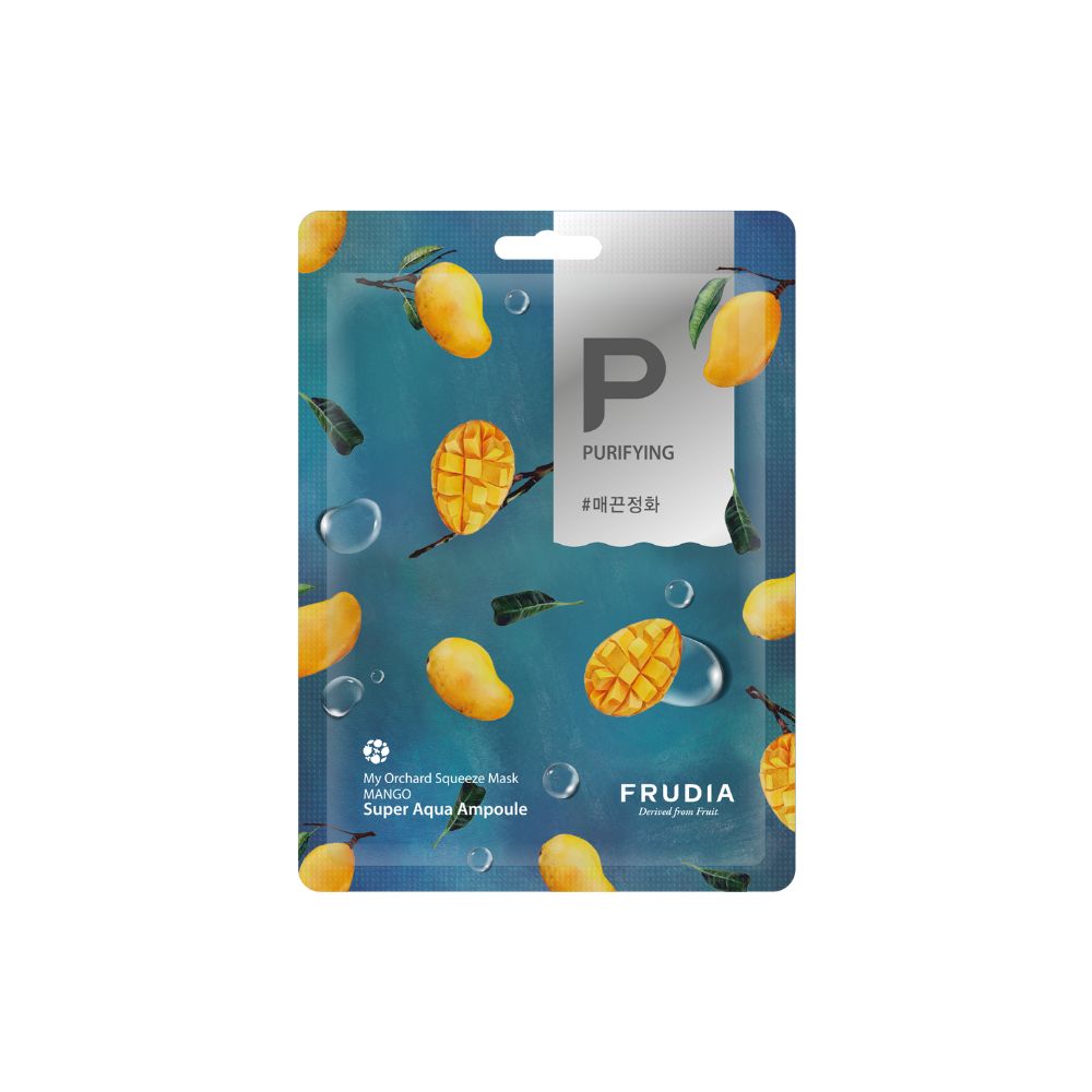 Frudia My Orchard Squeeze Mango vegan sheet mask showing a bright, tropical mango-themed packaging with a sheet mask inside.