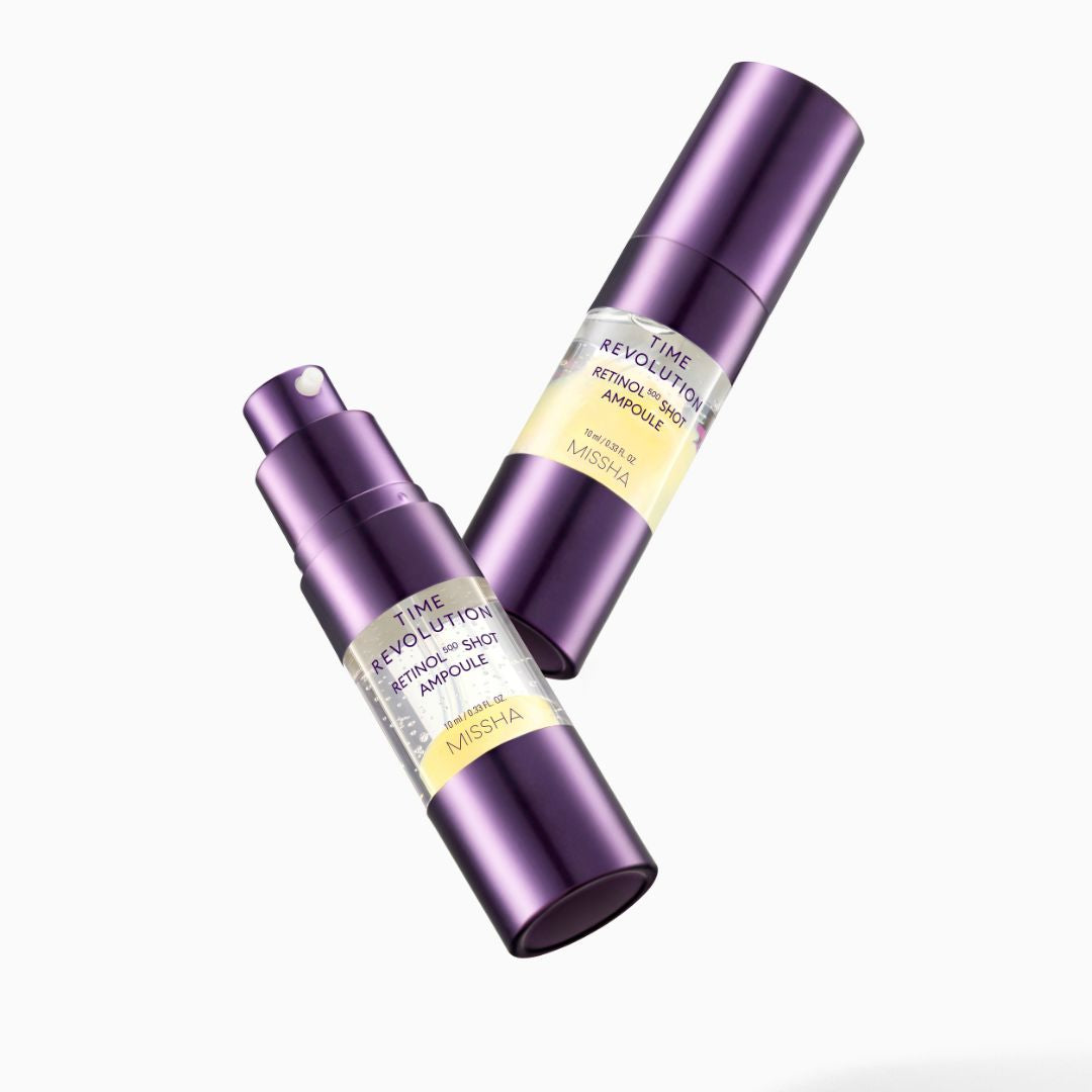 Missha Time Revolution Retinol 500 Shot Ampoule 10ml in a small glass bottle, featuring a sleek design with a white dropper cap.