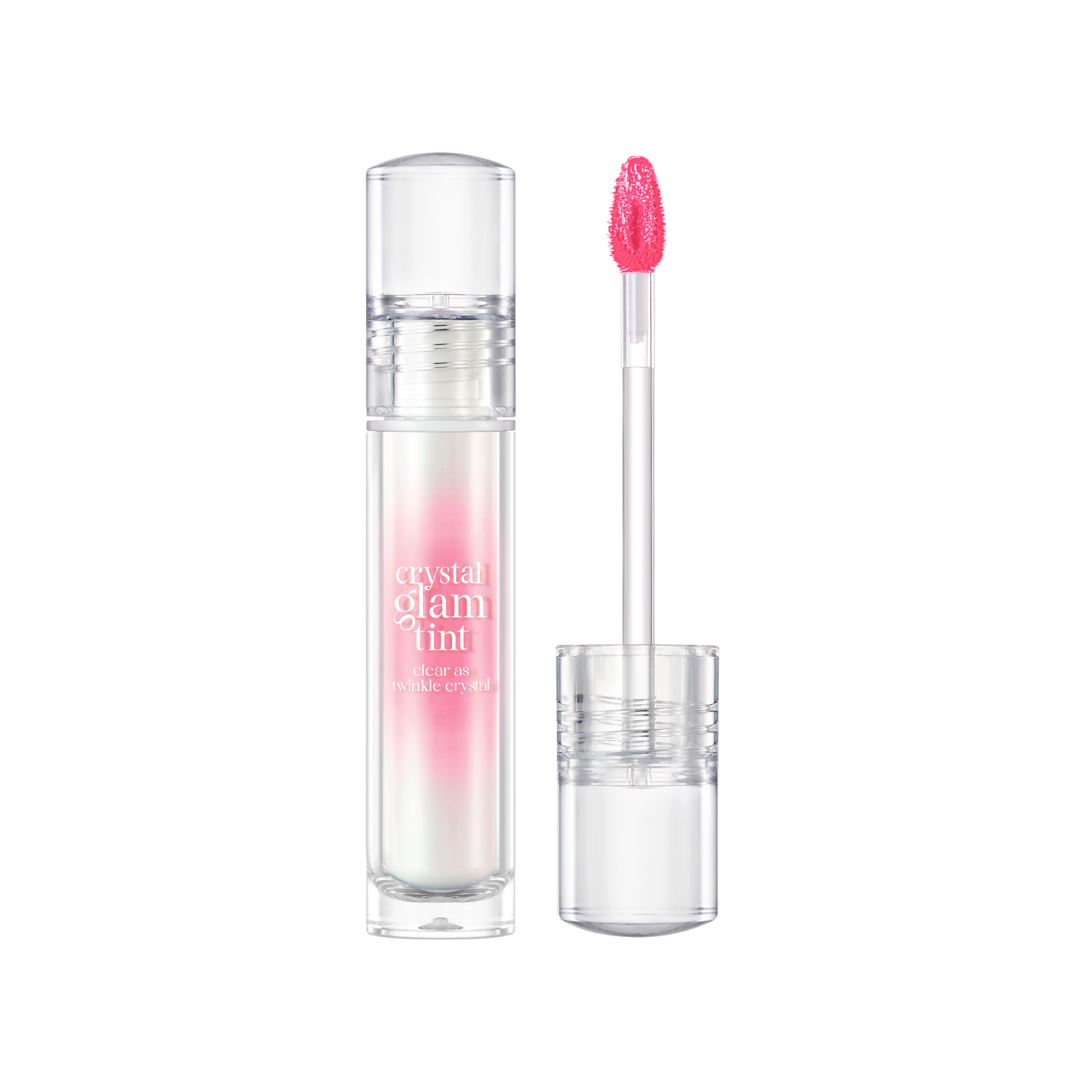 Clio Crystal Glam Tint luxury lip tint in a sleek tube, showcasing its vibrant color and glossy finish.
