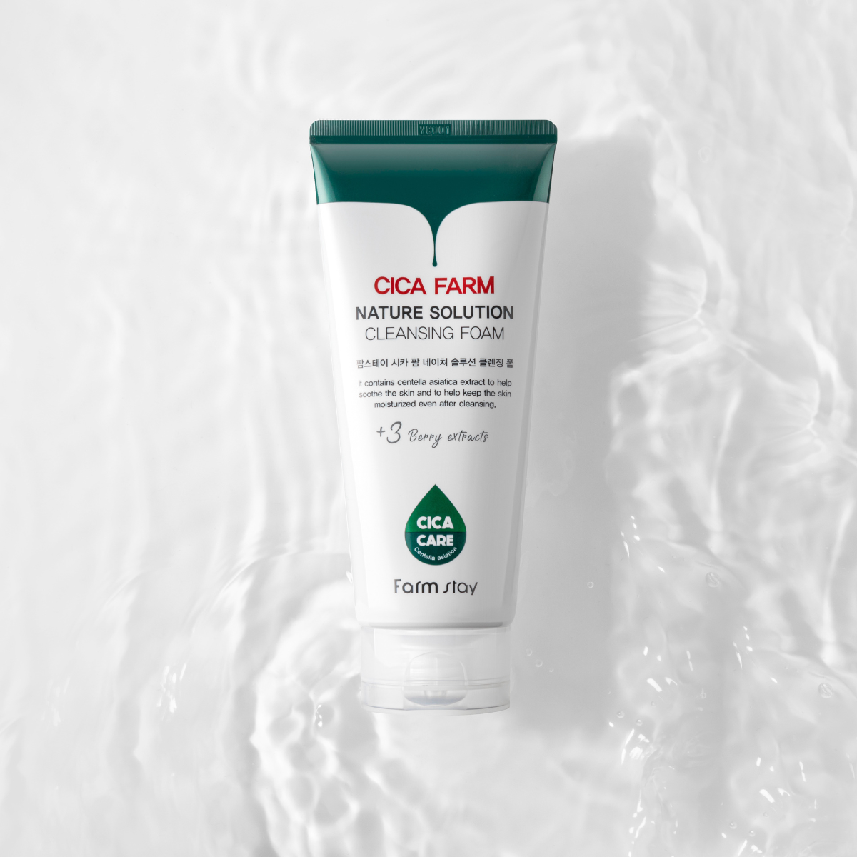 Farmstay Cica Farm Nature Solution Foam Cleanser in 180ml bottle, showing gel and foam textures for gentle skincare.
