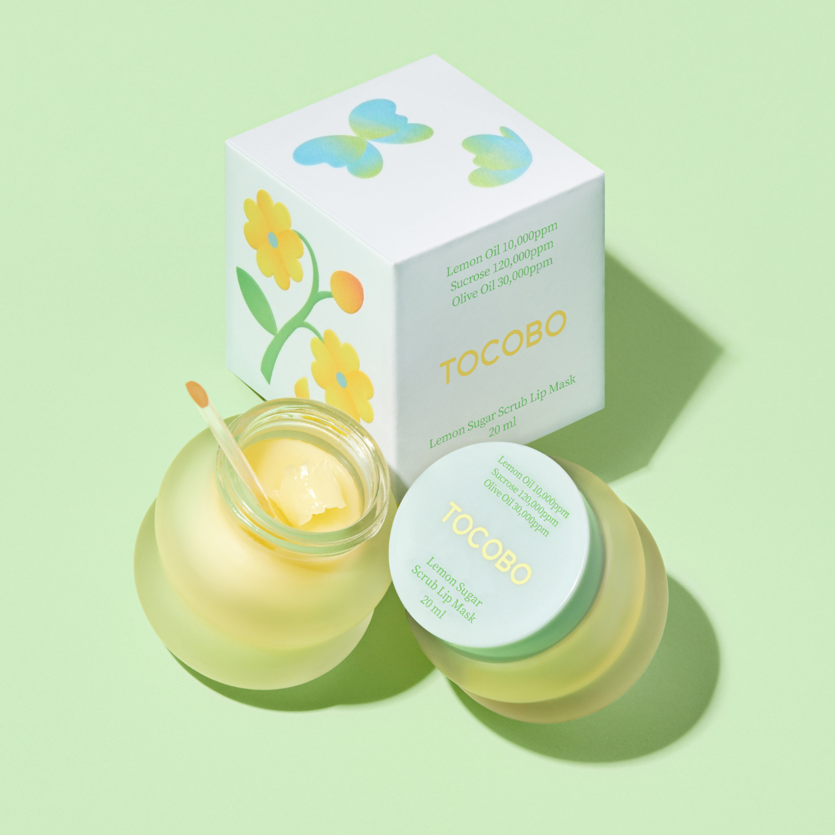 TOCOBO Lemon Sugar Scrub Lip Mask in 20ml jar, smooth creamy texture for moisturizing and exfoliating lips.