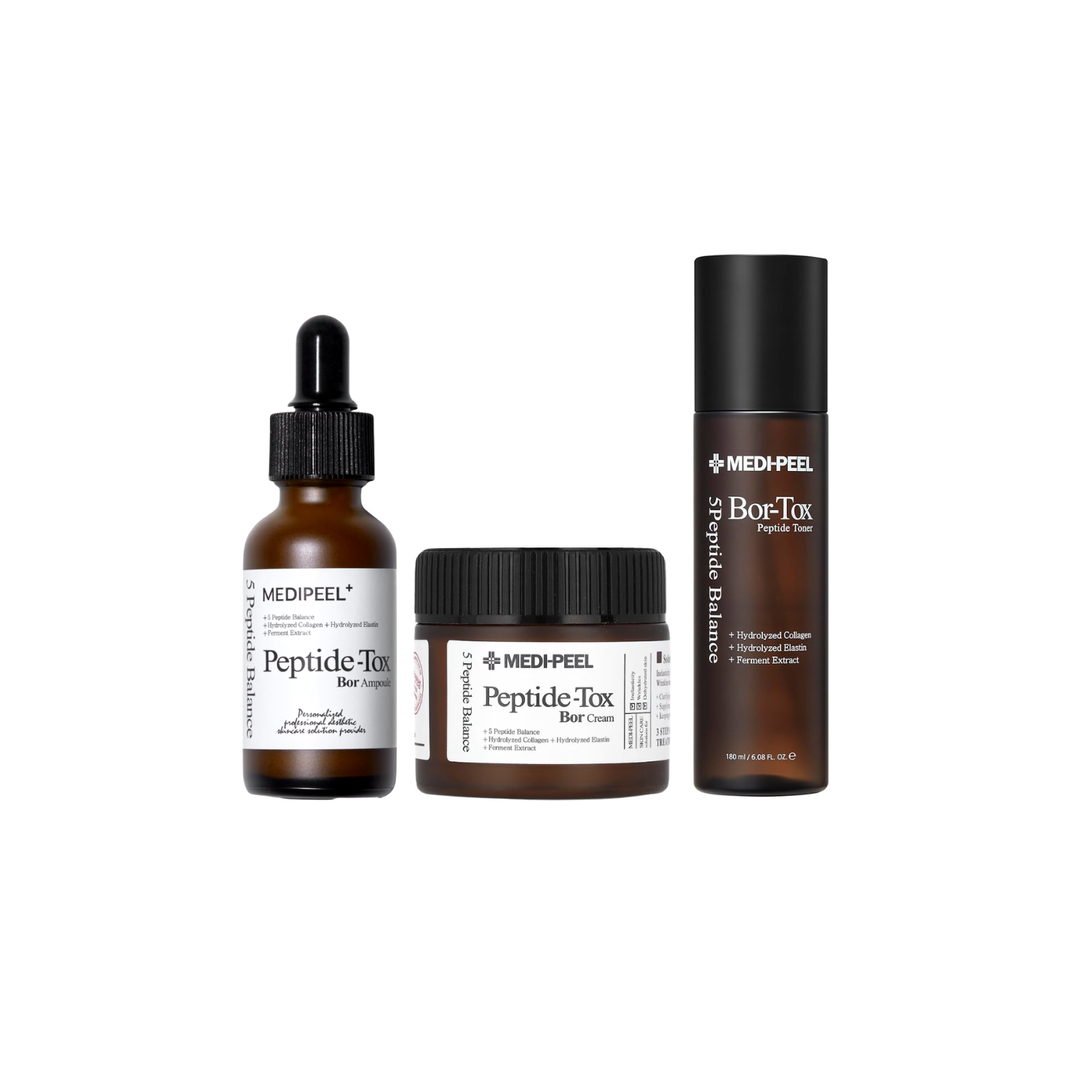 MEDIPEEL+ Peptide Tox-Bor Bundle Two featuring skincare products with peptide and boron ingredients in sleek packaging.