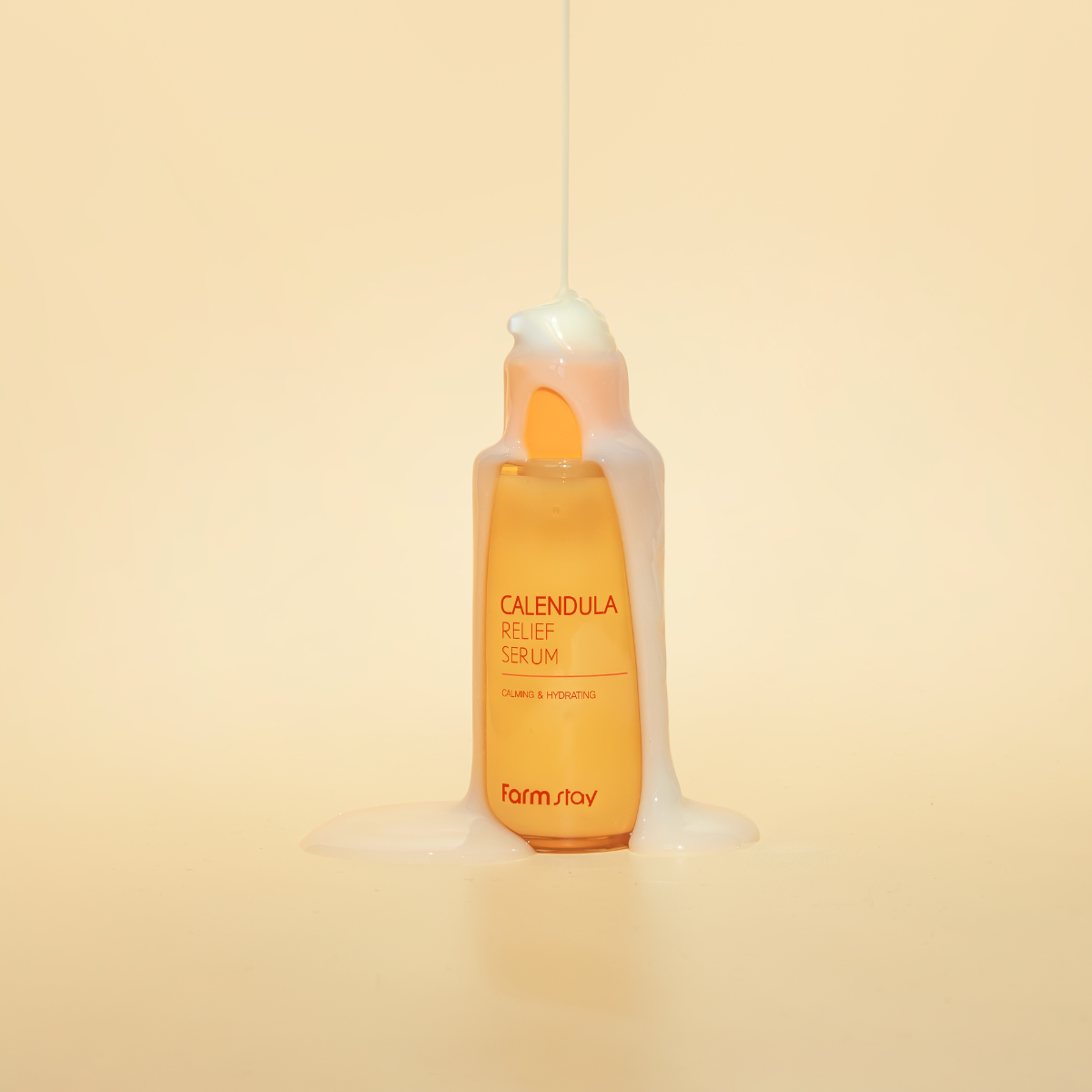 Farmstay Calendula Relief Serum 50ml bottle with dropper, featuring a light yellow liquid for soothing skin care.