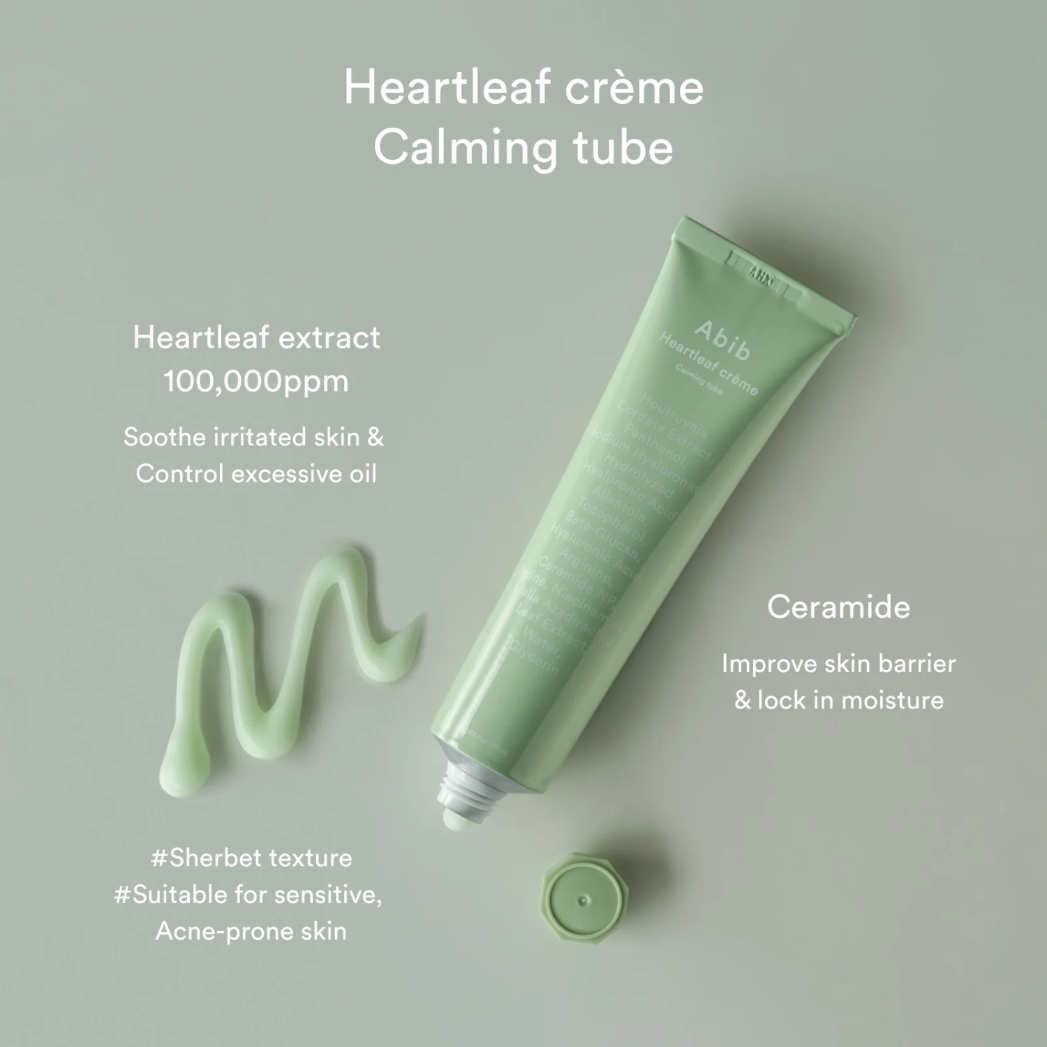 Abib Heartleaf Creme Calming Tube 75ml, a soothing face moisturizer with a white tube and green accents.