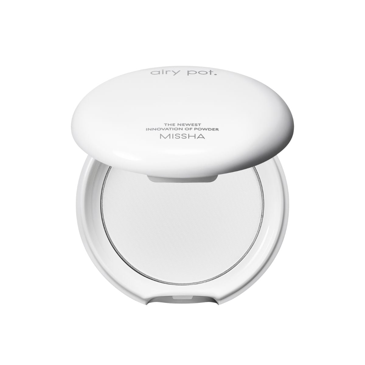Missha Airy Pot Pressed Powder setting powder compact with open lid, showcasing the lightweight pressed powder inside.
