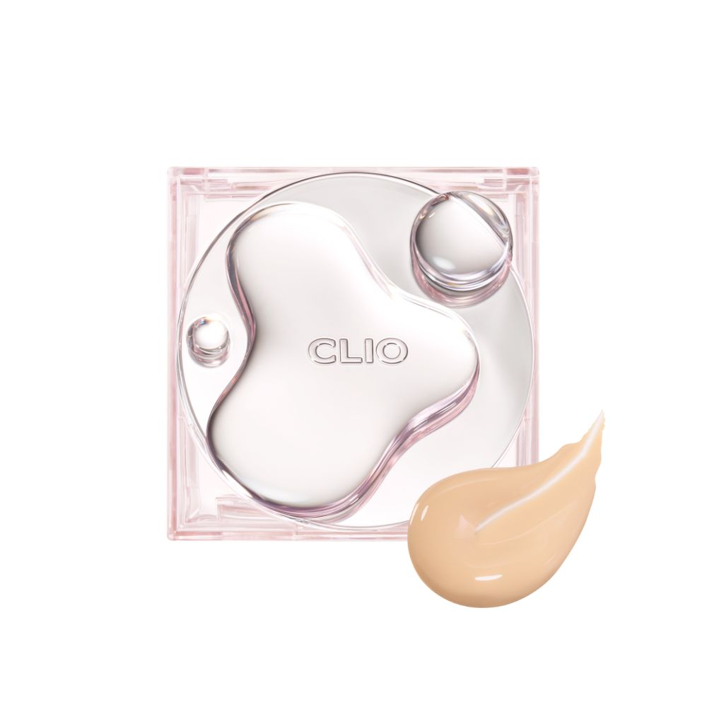 Clio Kill Cover High Glow Cushion Foundation with refill in three shades, showing the compact with applicator and color options.