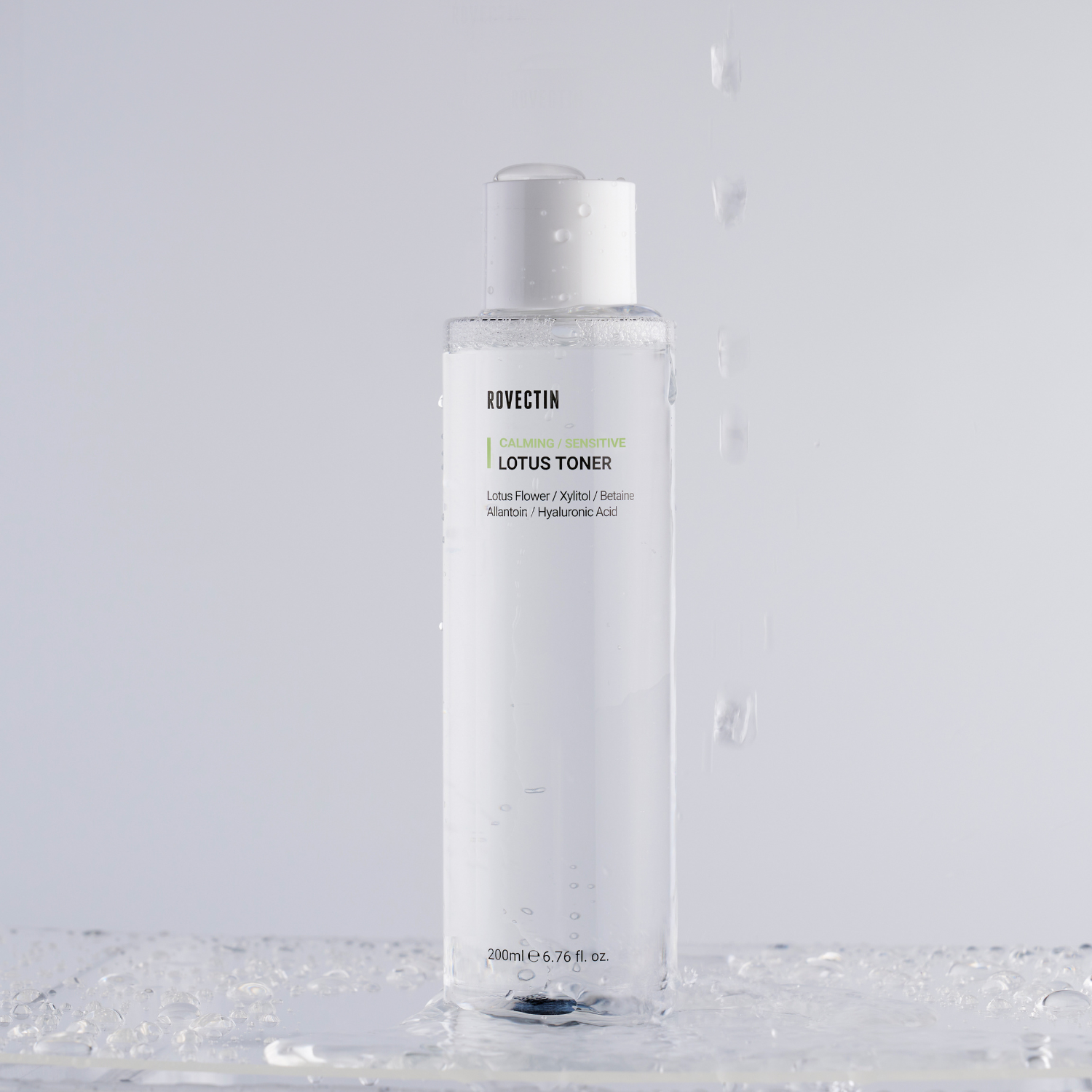 Rovectin Calming Lotus Toner 200ml bottle with floral design, suitable for soothing and hydrating skin.