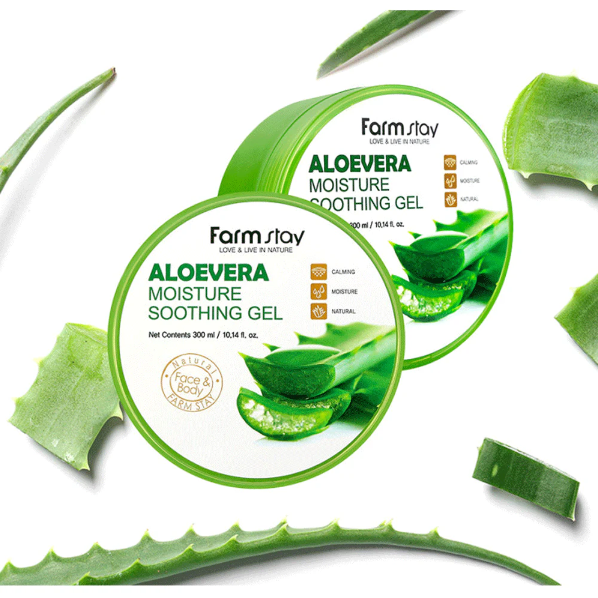 Farmstay Aloe Vera Moisture Soothing Gel in a 300ml jar, face moisturizer with aloe vera for hydration and soothing skin.