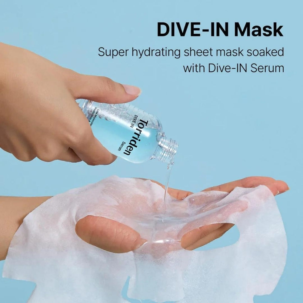 Torriden Dive-In Low Molecule Hyaluronic Acid Sheet Mask box with 10 masks, hydrating skincare for deep moisture.