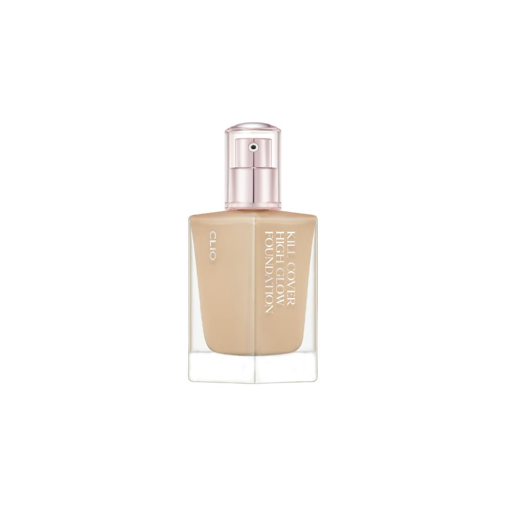 Clio Kill Cover High Glow Liquid Foundation 38g bottle with a pump, showcasing a radiant, dewy finish for luminous skin.