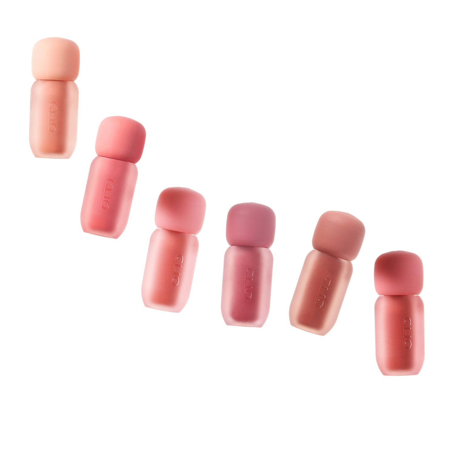 Clio Volumate Blur Tint lip tint in 8 shades, showing a close-up of the tinted lips with smooth, vibrant color and glossy finish.