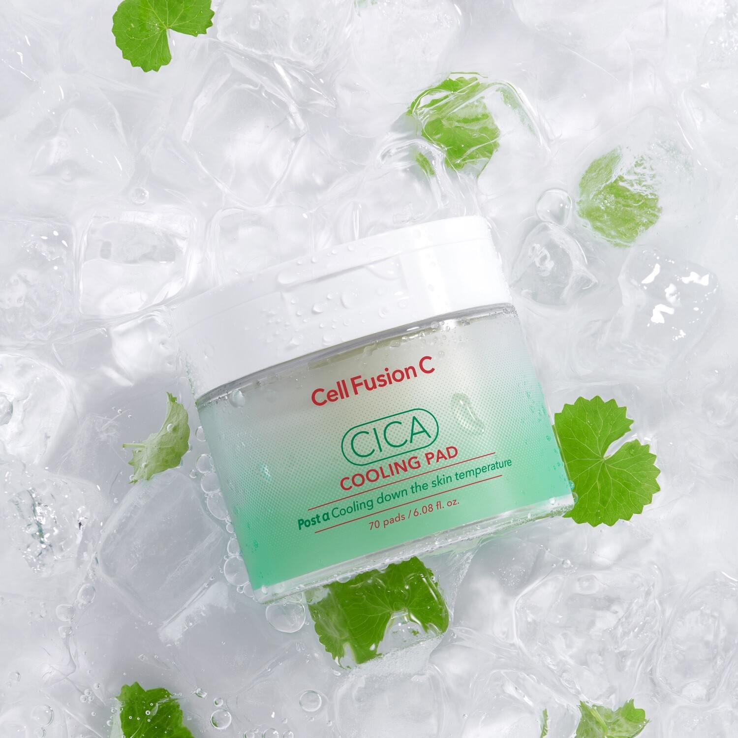 Cell Fusion C Cica Cooling Toner Pads, 3 pads visible, soothing skincare product for calming and hydrating skin.