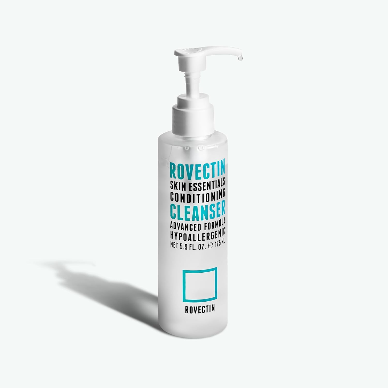 Rovectin Skin Essentials Conditioning Cleanser gel and foam, 175ml, with a clear bottle showing the cleanser's texture and label.