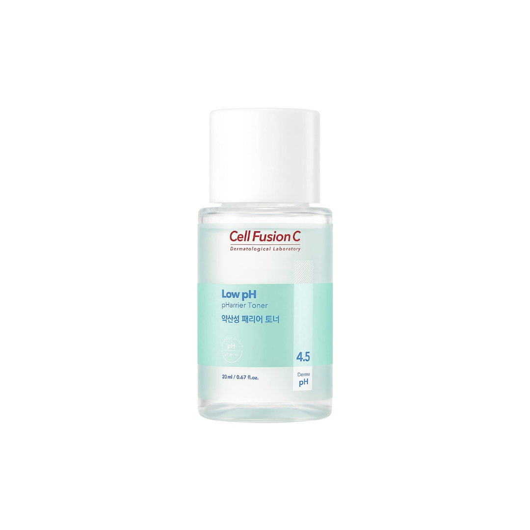 Cell Fusion C Low pH pHarrier 4-Piece skincare set with bottles and jars, designed for gentle, balanced skincare routines.