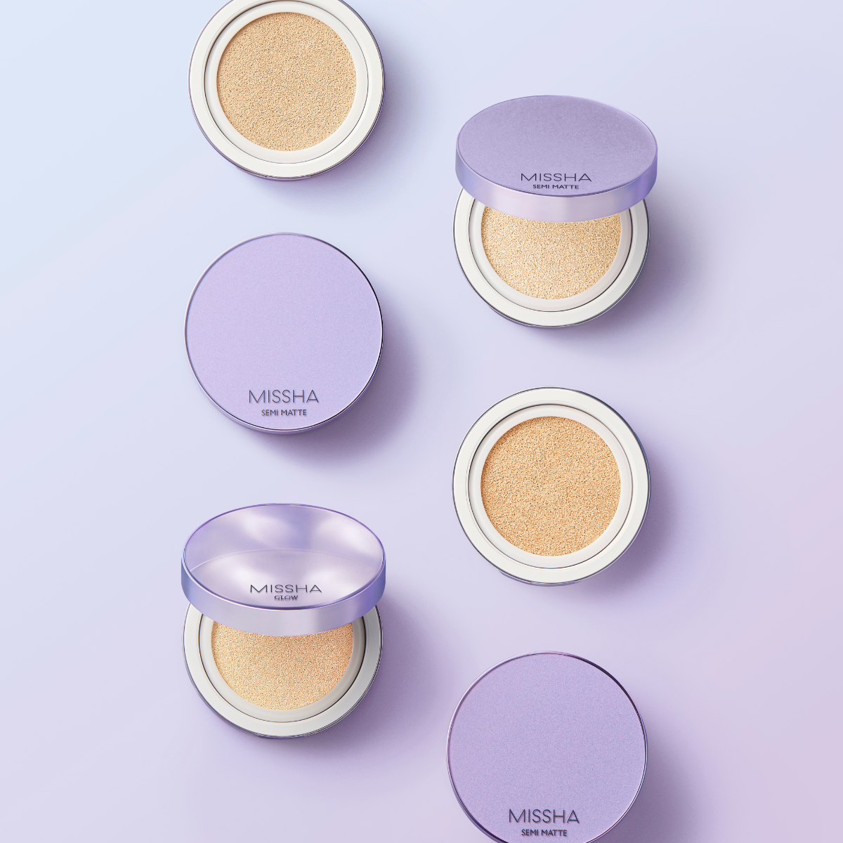 Missha Layering Fit Cushion Semimatte 15g foundation with three shades in compact cushion form, featuring smooth, semi-matte finish.