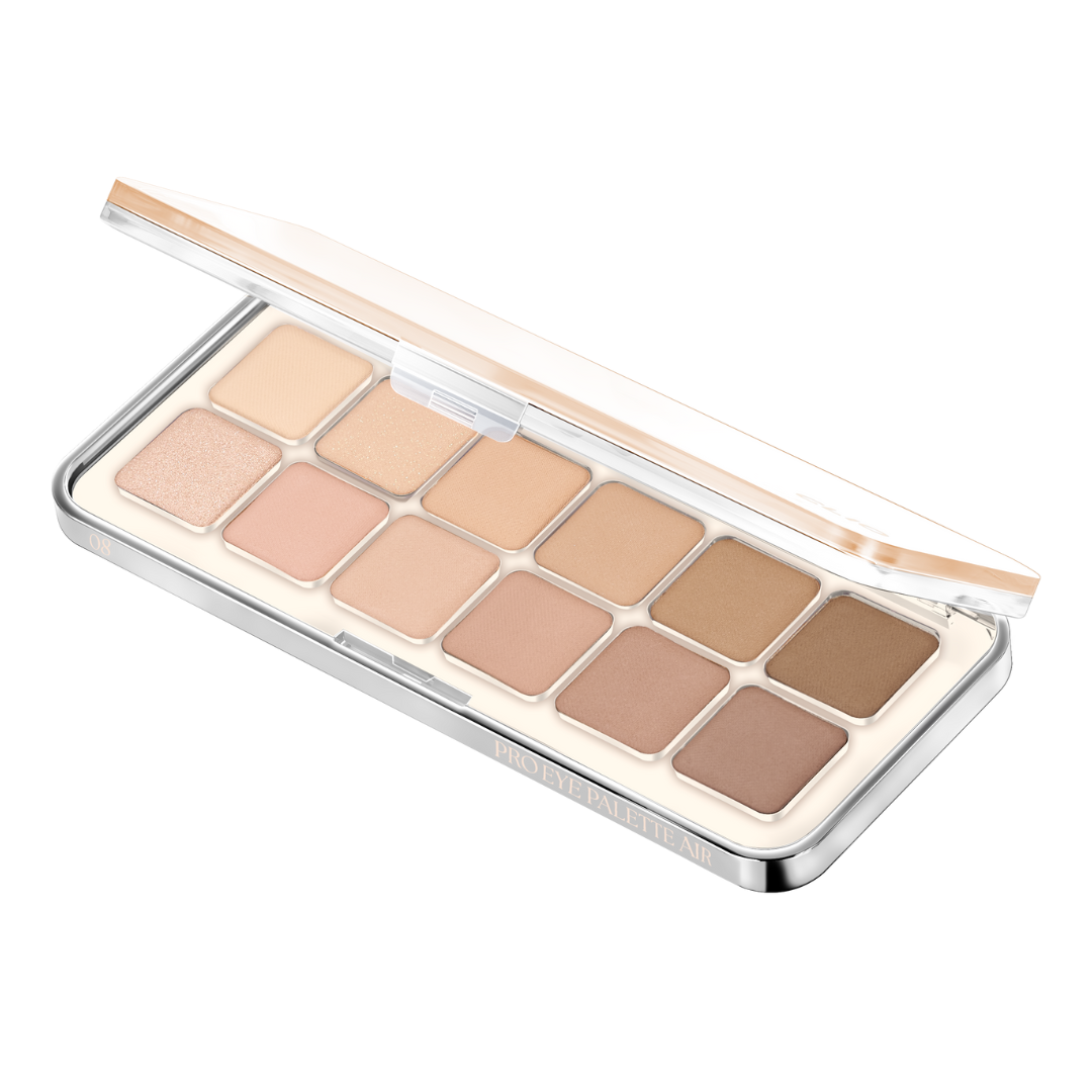 Clio Pro Eye Palette Air eyeshadow palette with neutral and shimmer shades displayed open with brush included